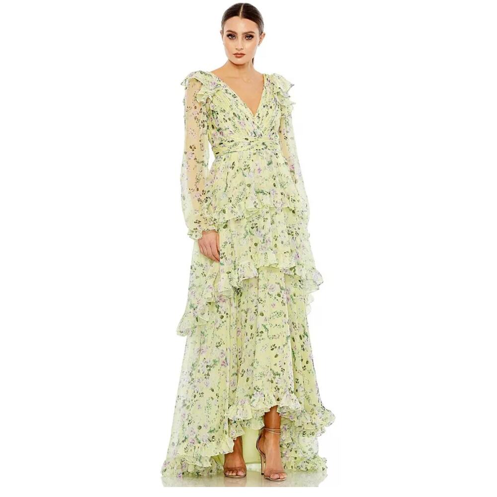 Mac Duggal Green Floral Chiffon Tiered Ruffle Puff Sleeve Gown Size 4